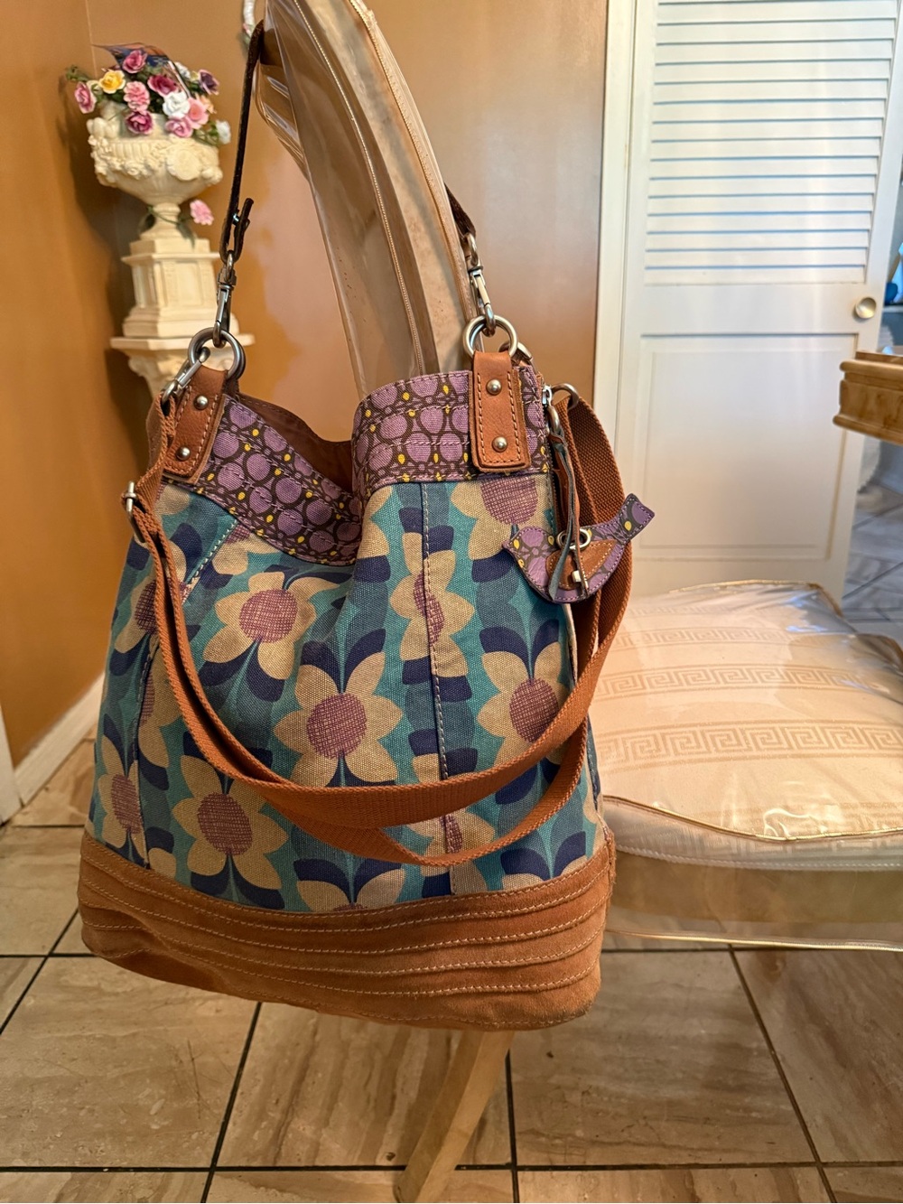 Fossil Floral Canvas Bohemian Hobo Bag in Teal, Purple & Tan
